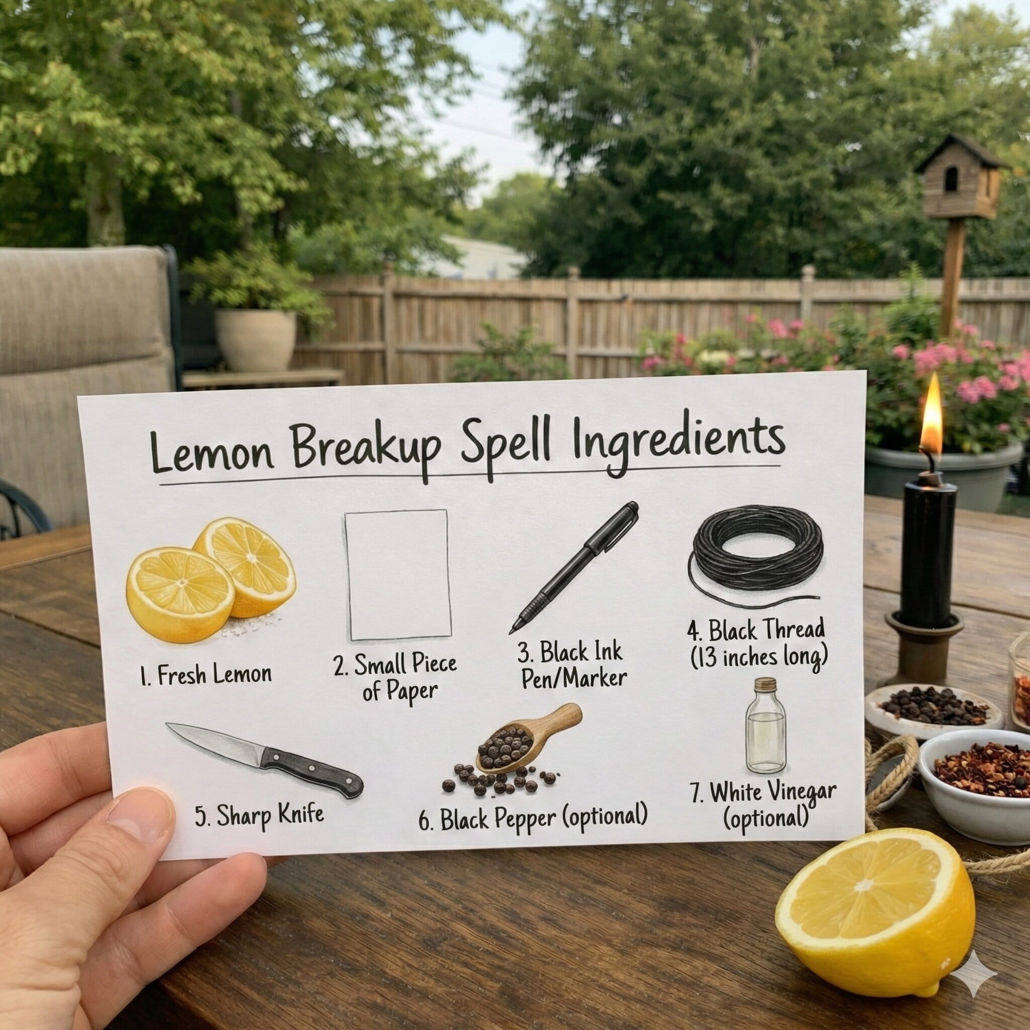 Lemon breakup spell ingredients including fresh lemon, black thread, and paper